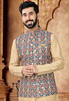 Embroidered Cotton Nehru Jacket in Grey