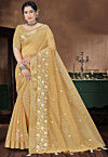 Embroidered Cotton Saree in Beige