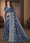 Embroidered Cotton Saree in Grey