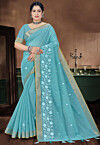 Embroidered Cotton Saree in Light Blue