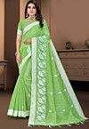 Embroidered Cotton Saree in Light Green