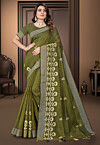 Embroidered Cotton Saree in Olive Green