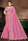 Embroidered Cotton Saree in Pink