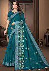 Embroidered Cotton Saree in Teal Green