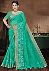 Embroidered Cotton Saree in Teal Green