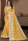 Embroidered Cotton Saree in Yellow