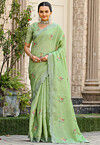 Embroidered Cotton Scalloped Saree in Light Green