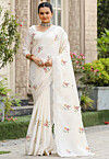Embroidered Cotton Scalloped Saree in Off White