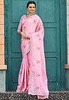Embroidered Cotton Scalloped Saree in Pink