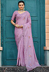 Embroidered Cotton Scalloped Saree in Purple