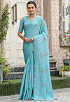 Embroidered Cotton Scalloped Saree in Sky Blue