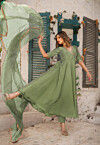 Embroidered Cotton Silk A Line Suit in Dusty Green
