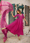 Embroidered Cotton Silk A Line Suit in Fuchsia