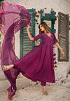 Embroidered Cotton Silk A Line Suit in Magenta