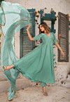 Embroidered Cotton Silk A Line Suit in Pastel Green