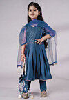 Embroidered Cotton Silk A Line Suit in Teal Blue