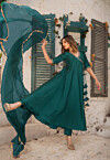 Embroidered Cotton Silk A Line Suit in Teal Green
