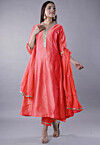 Embroidered Cotton Silk Anarkali Suit in Coral Red