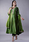 Embroidered Cotton Silk Anarkali Suit in Dark Green