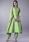 Embroidered Cotton Silk Anarkali Suit in Olive Green