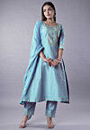 Embroidered Cotton Silk Anarkali Suit in Sky Blue