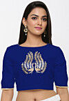 Embroidered Cotton Silk Blouse in Royal Blue