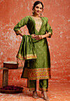 Embroidered Cotton Silk Jacquard Pakistani Suit in Olive Green