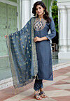Embroidered Cotton Silk Pakistani Suit in Dusty Blue