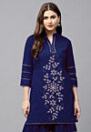 Embroidered Cotton Silk Straight Kurta in Navy Blue