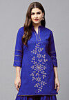 Embroidered Cotton Silk Straight Kurta in Royal Blue