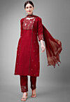 Embroidered Cotton Slub Pakistani Suit in Maroon