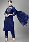 Embroidered Cotton Slub Pakistani Suit in Navy Blue