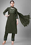 Embroidered Cotton Slub Pakistani Suit in Olive Green