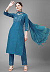Embroidered Cotton Slub Pakistani Suit in Teal Blue