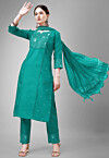 Embroidered Cotton Slub Pakistani Suit in Teal Green