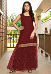 Embroidered Cotton Straight Kurta Set in Maroon