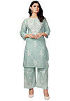 Embroidered Cotton Straight Kurta Set in Sea Green