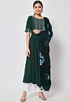Embroidered Crepe A Line Kurta in Dark Green