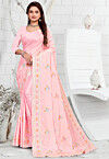 Embroidered Crepe Saree in Light Pink