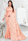Embroidered Crepe Saree in Peach