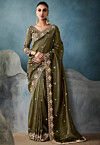 Embroidered Crushed Art Silk Scalloped Saree in Green