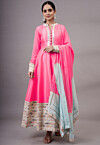 Embroidered Dupion Silk Abaya Style Suit in Fuchsia