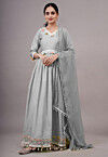 Embroidered Dupion Silk Abaya Style Suit in Grey