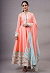 Embroidered Dupion Silk Abaya Style Suit in Peach