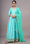 Embroidered Dupion Silk Abaya Style Suit in Sky Blue