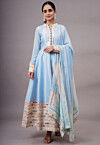 Embroidered Dupion Silk Abaya Style Suit in Sky Blue
