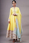 Embroidered Dupion Silk Abaya Style Suit in Yellow