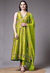 Embroidered Dupion Silk Anarkali Suit in Olive Green