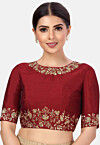 Embroidered Dupion Silk Blouse in Red