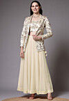 Embroidered Dupion Silk Crop Top Jacket Set in Beige and Beige